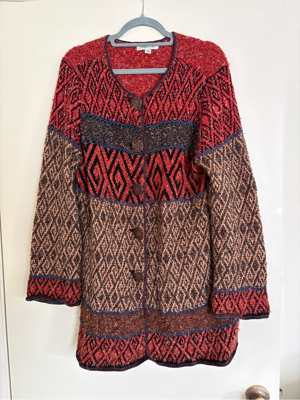 Coldwater Creek Red and Brown Geometric Knit Cardigan